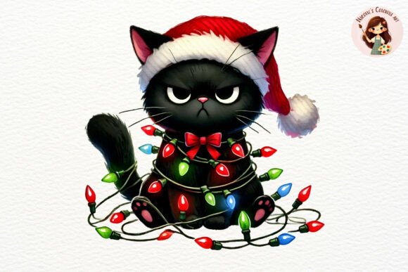 Cat Wrapped in Christmas Lights PNG Illustrations