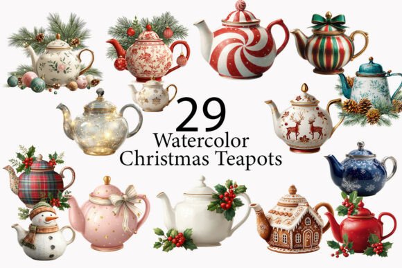 Christmas Teapots Watercolor Clipart for Editorial Illustrations