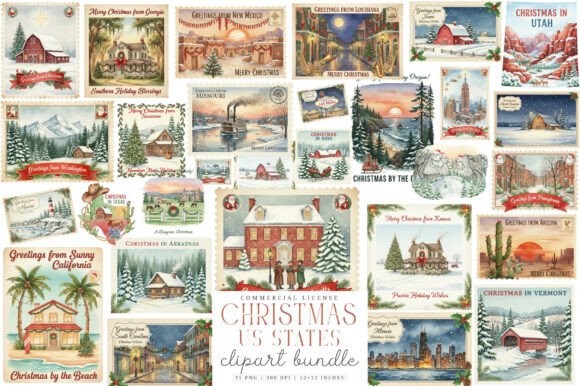 Christmas US States Bundle: Festive Illustrations for Brand Identity