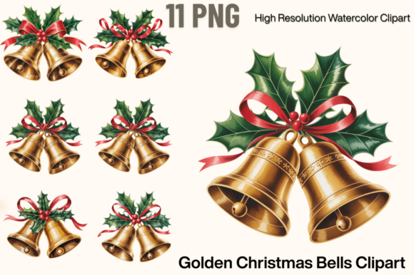 Golden Christmas Bells Clipart Bundle for Illustrations