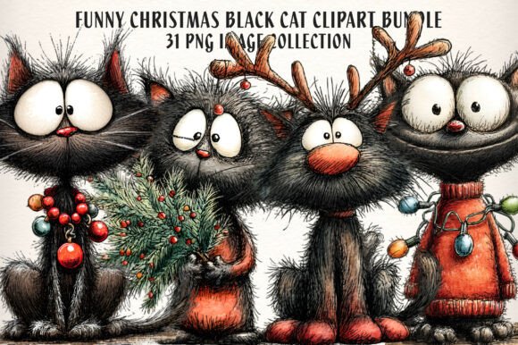 Quirky Christmas Black Cat Clipart PNG for Illustrations
