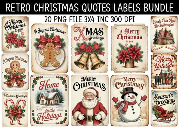 Retro Christmas Quotes Labels Bundle for Illustrations