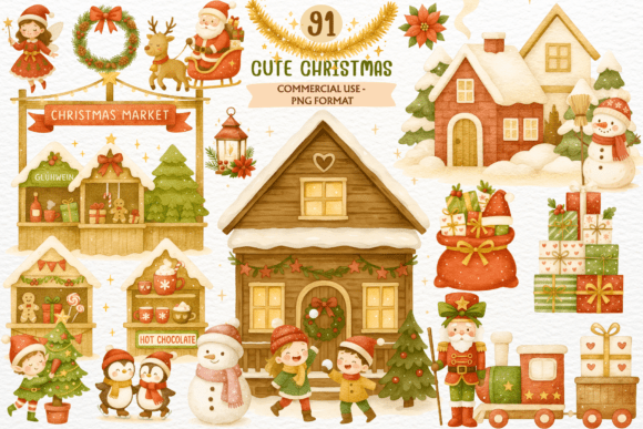 Watercolor Christmas Clipart Winter PNG for Illustrations