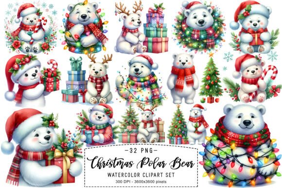 Watercolor Christmas Polar Bear Cliparts