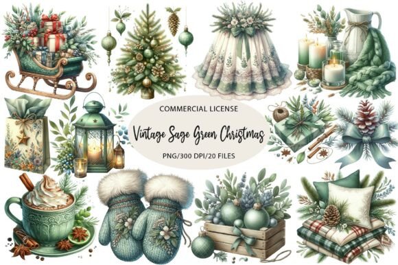 Watercolor Vintage Sage Green Christmas