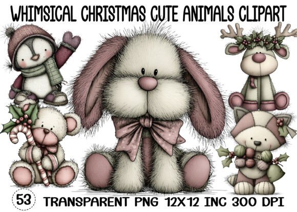 Whimsical Christmas Cute Animals Clipart for Illustrations